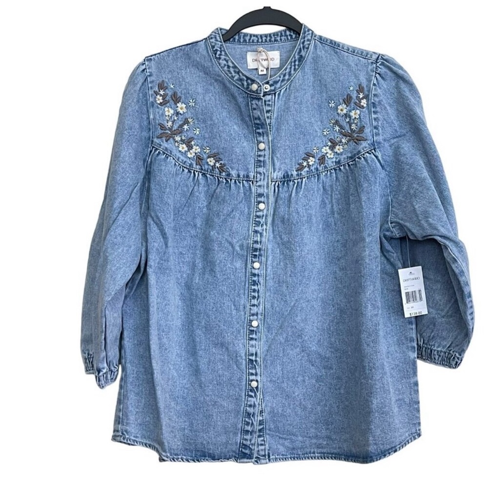 - Driftwood Embroidered Chambray Jean Snap Up Boho Top Small NWTPTP 22" le…
